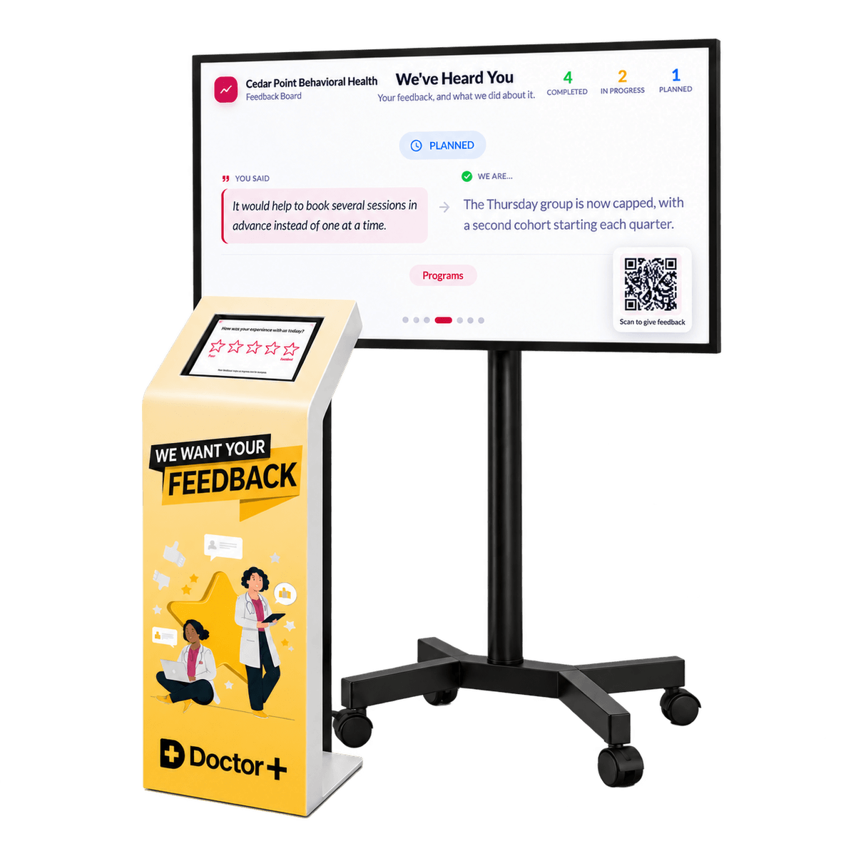 Pulse For Good standing kiosk beside a rolling Feedback Board display showing a 'We've Heard You' board