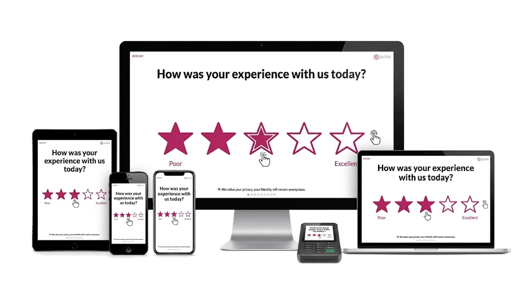 The Pulse For Good survey shown across a desktop monitor, laptop, tablet, phones, and a card reader