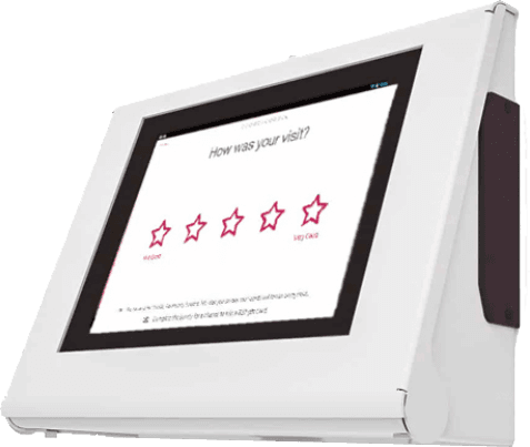 Pulse For Good wall-mounted feedback kiosk showing a 'How was your visit?' star-rating survey